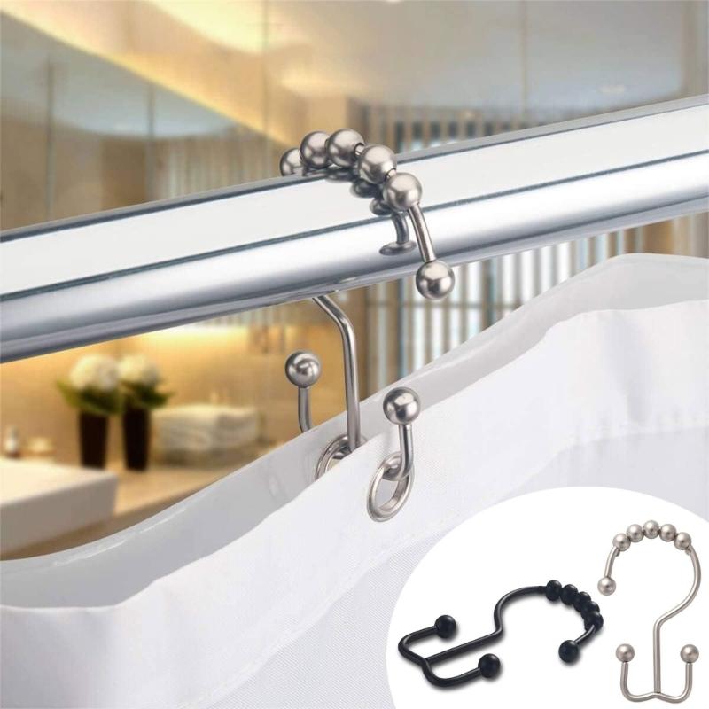 Set of 10 Rusts Resistant Shower Curtain Hooks Metal Rings Double Gliding Rollers for Bathroom Curtains Hanging Hook