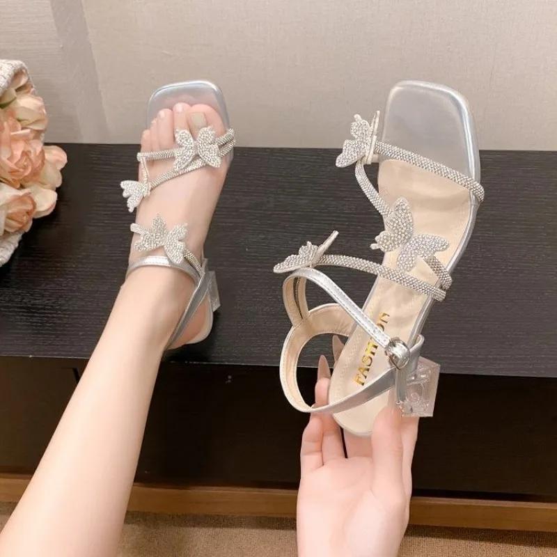 Summer New Rhinestone Bow Sandals Women's Outside Square Toe Open Toe Non-slip Wear-resistant Crystal Heels