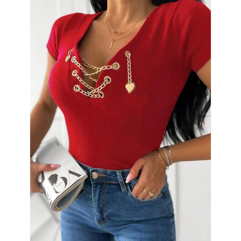 

Модные и элегантные женские футболки однотонного цвета с V-образным вырезом и подвеской-сердцем на цепочке M