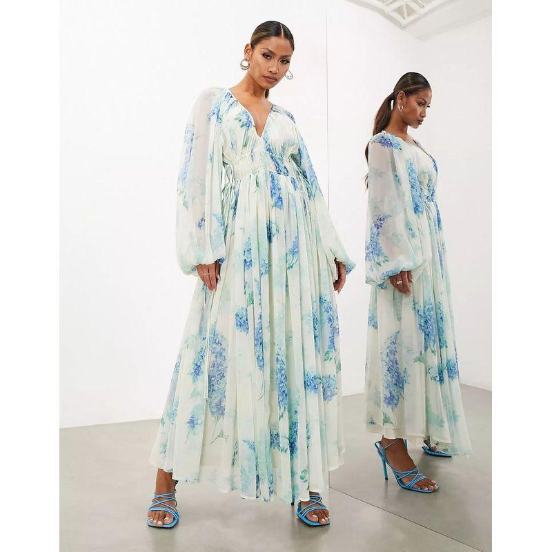 

European and American Women clothes Print Dress V-neck Perspective Pleat Shrink Waist Drawstring Long sleeve Printed Dress Blue XL