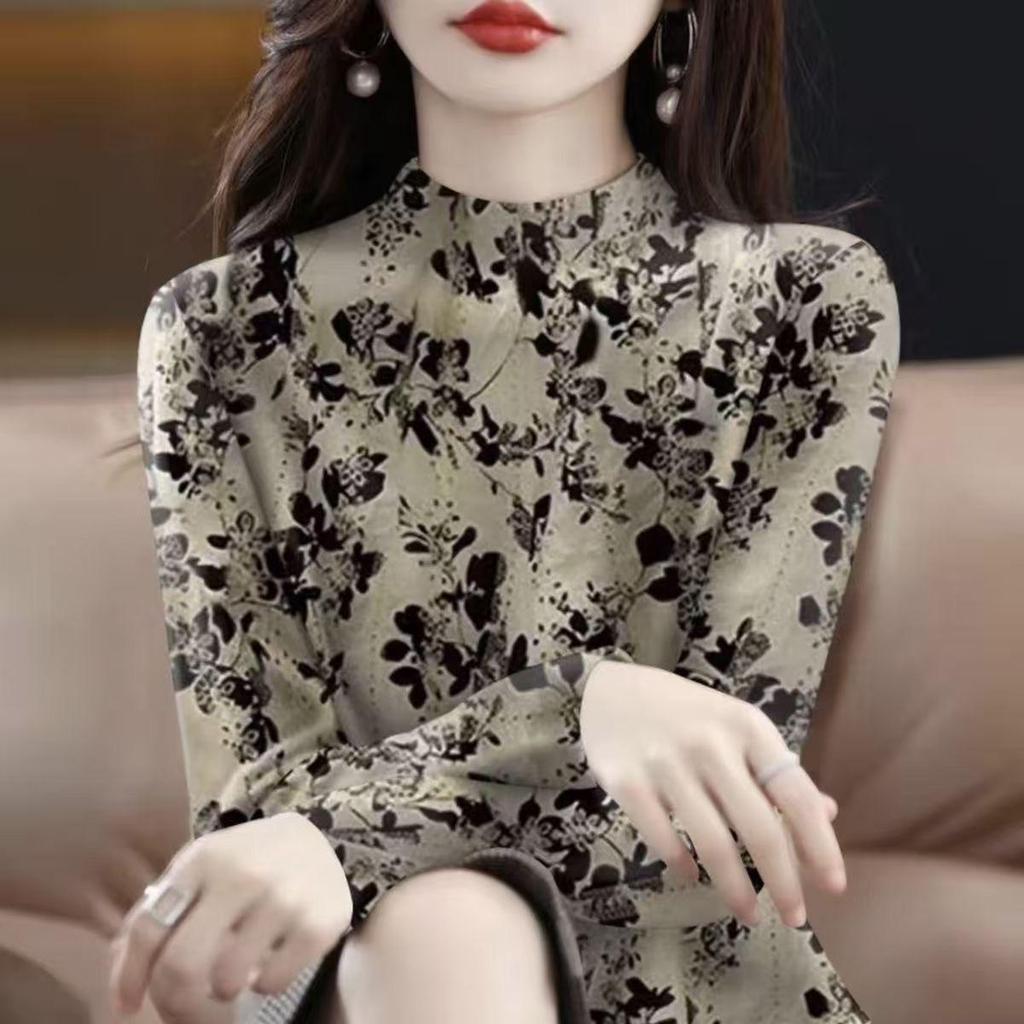 2025 Spring/Autumn Women's Long Sleeve Half-High Neck Slimming T-Shirt