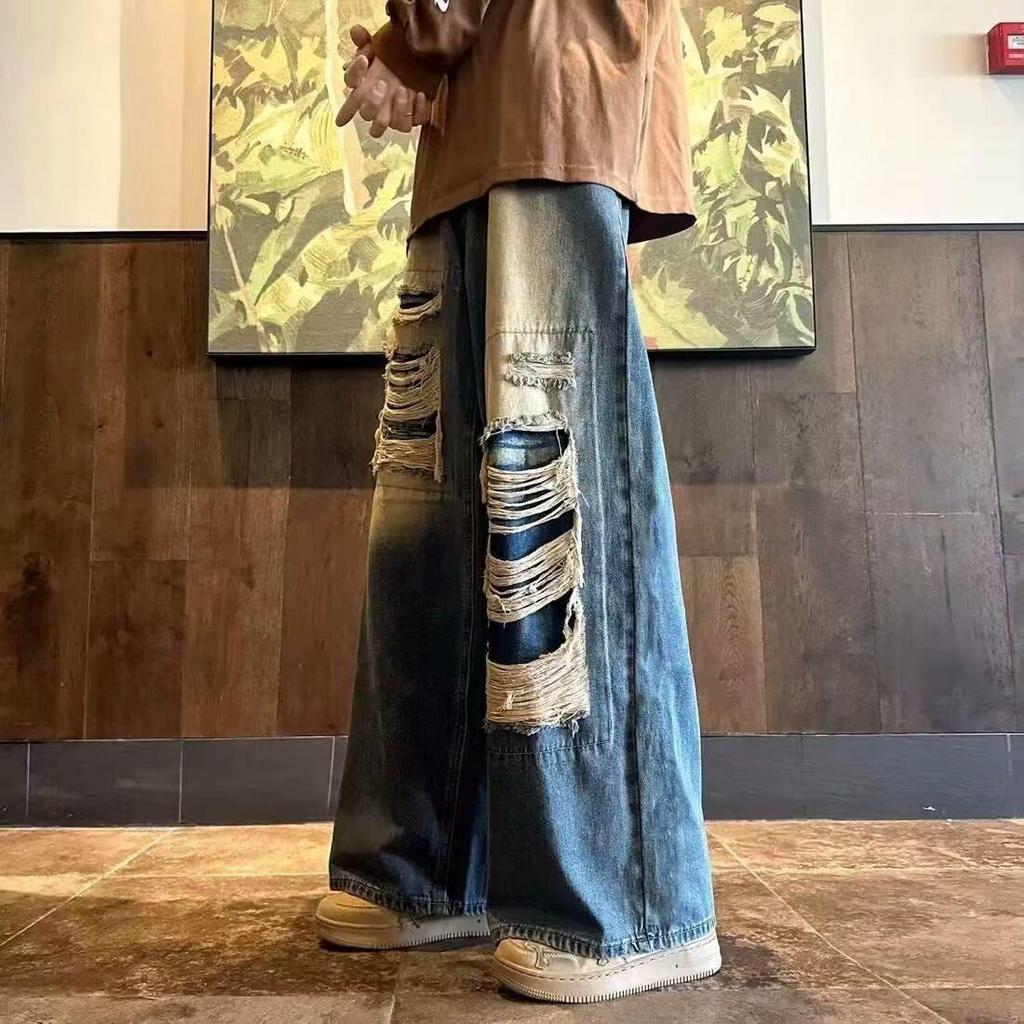 Herren Vintage Used Wide-Leg Jeans - Trendige Bodenlange Hosen für Frühling/Herbst