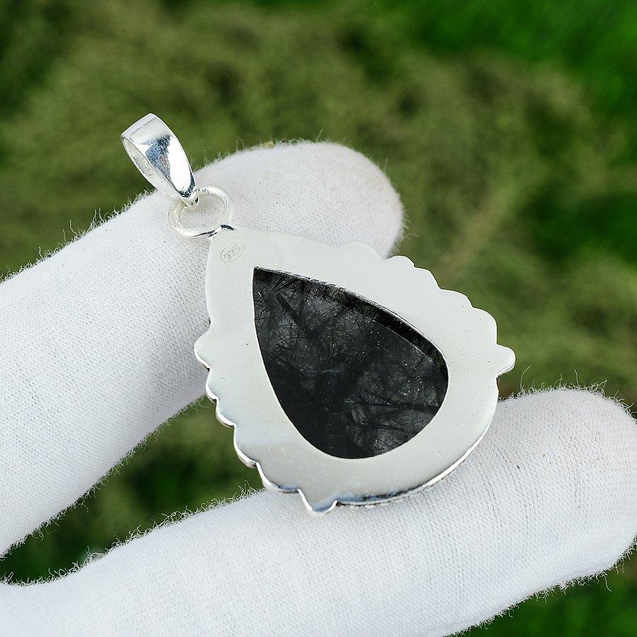 Natural Black Rutile Gemstone Pendant 925 Sterling Silver Indian Jewelry