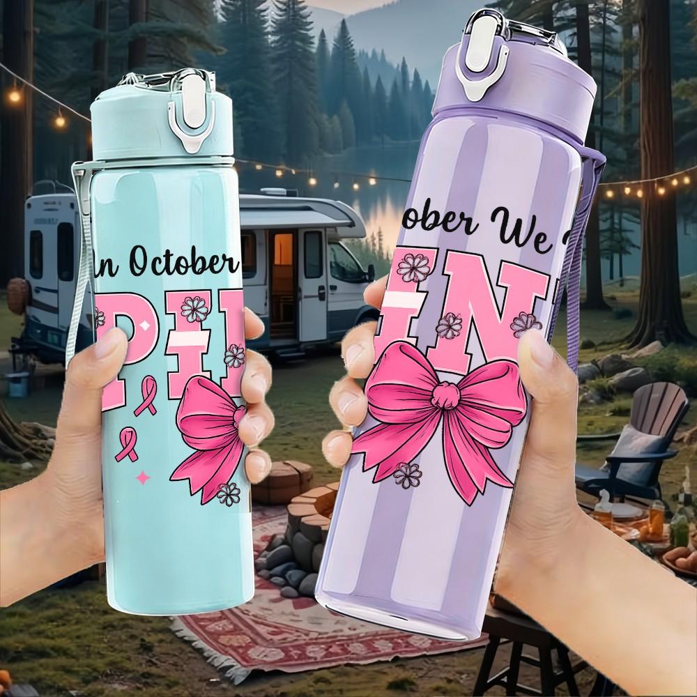 1PC In October We Wear Pink Bow 750ml Color Plastic Sports Water Bottle Leakproof Flip Straw Lid Suitable for Sports Office Home Use