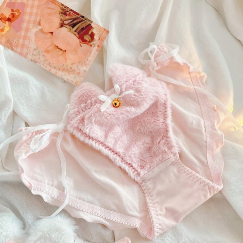 Cats Ear Bells Tie String Women's Furry Panties Cartoon Anime Ruffled Briefs Japanese Kitten Cosplay Lingerie Underwear