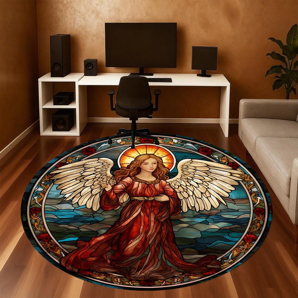 1pc Angel Stained Glass Round Chair mat office Area Rug - Non-Slip, Floor Mat for Office, Bedroom, Ideal home decor gift c0112025