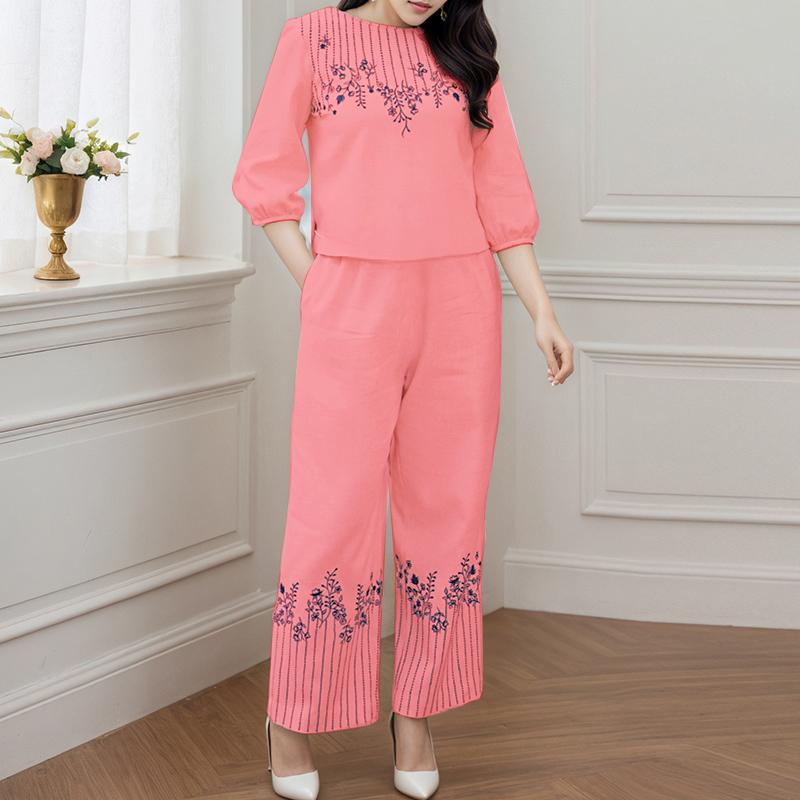 

ZANZEA Женский блузон с рукавом 3/4 и брюки с принтом, повседневный костюм-двойка 2XL розовый