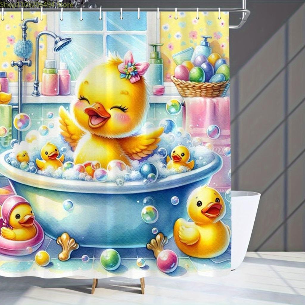 Cute Duck in Bath Pattern Shower Curtain, Digital Printed Shower Curtain, No Drilling Bathroom Partition Curtain, Suitable for