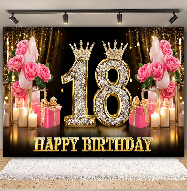 Black and Gold Balloon Gift Theme 18th Birthday Banner Backdrop Cloth Adult Gift Birthday Party Decoration Photography Backdrop