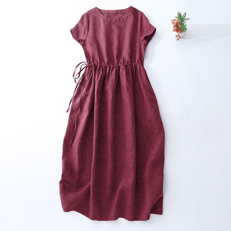 

2025 summer new yarn-dyed cotton and linen dress women s burgundy lace-up waist thin retro medium and long dress M