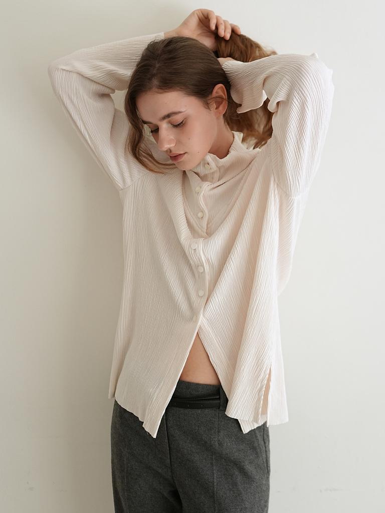 PAUL&ALICE High-Neck Pleated Blouse / Ivory