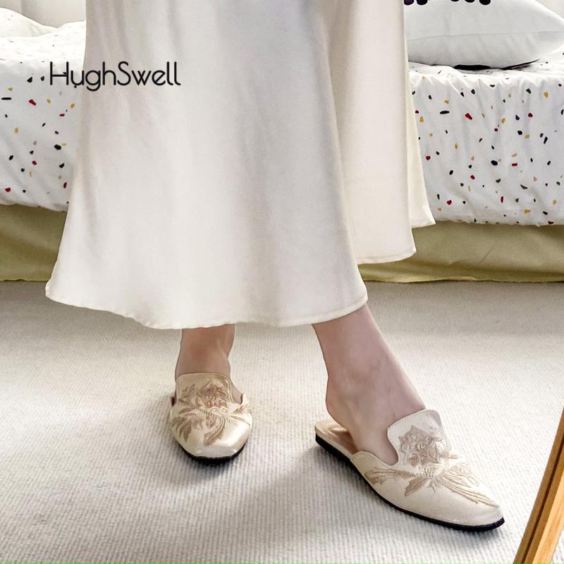 Fashion Fairy Floral Embroidered Mule Shoes Woman Elegant Flower Velvet Slide Slippers Ladies Evening Party Flat Velour Zapatos