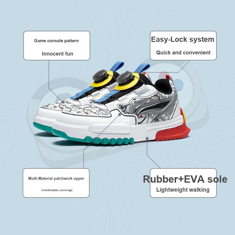 LiNing Sports Lifestyle Series Non-Slip Wear-Resistant Casual Shoes Kids Sneakers Black White YKCT006-3