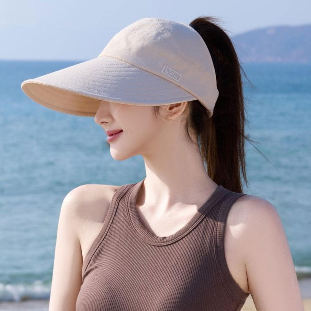 Women Empty Top Wide Brim Sun Hat Foldable Ponytail Cap UV Protection Windproof Hard Brim Adjustable Beach Riding Summer Hat