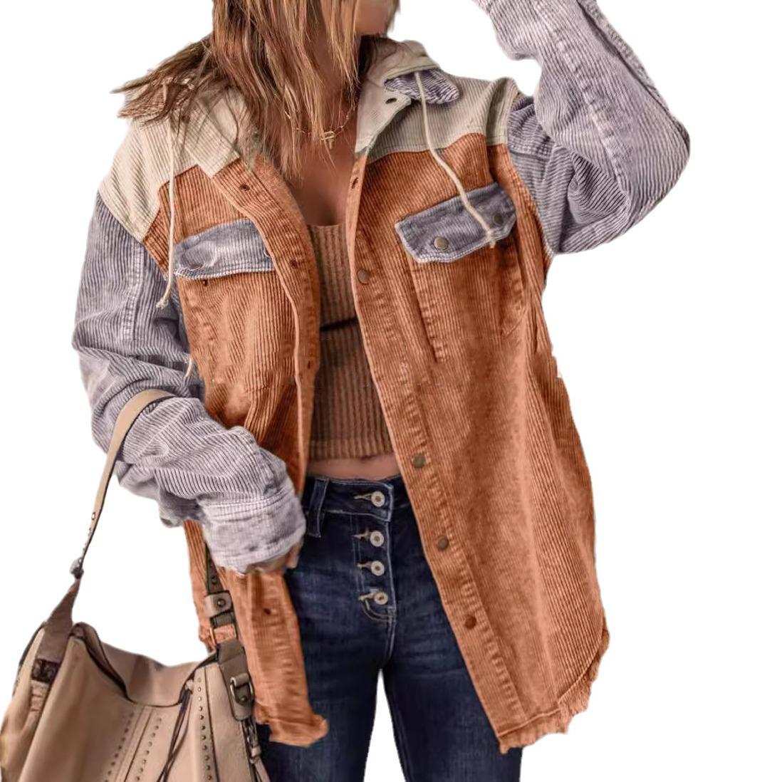 

Женская осенняя вельветовая куртка с капюшоном и длинными рукавами с пряжкой и капюшоном с карманом L оранжевый