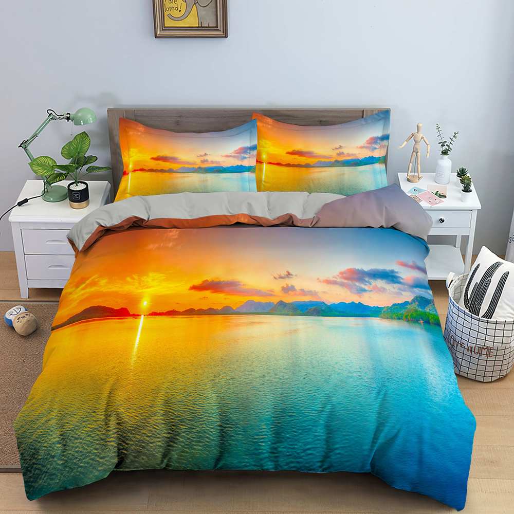 3D Nature Landscape King Queen Duvet Cover Flowers Green Leaves Bedding Set Shimen View Quilt Cover Polyester Comforter Cover