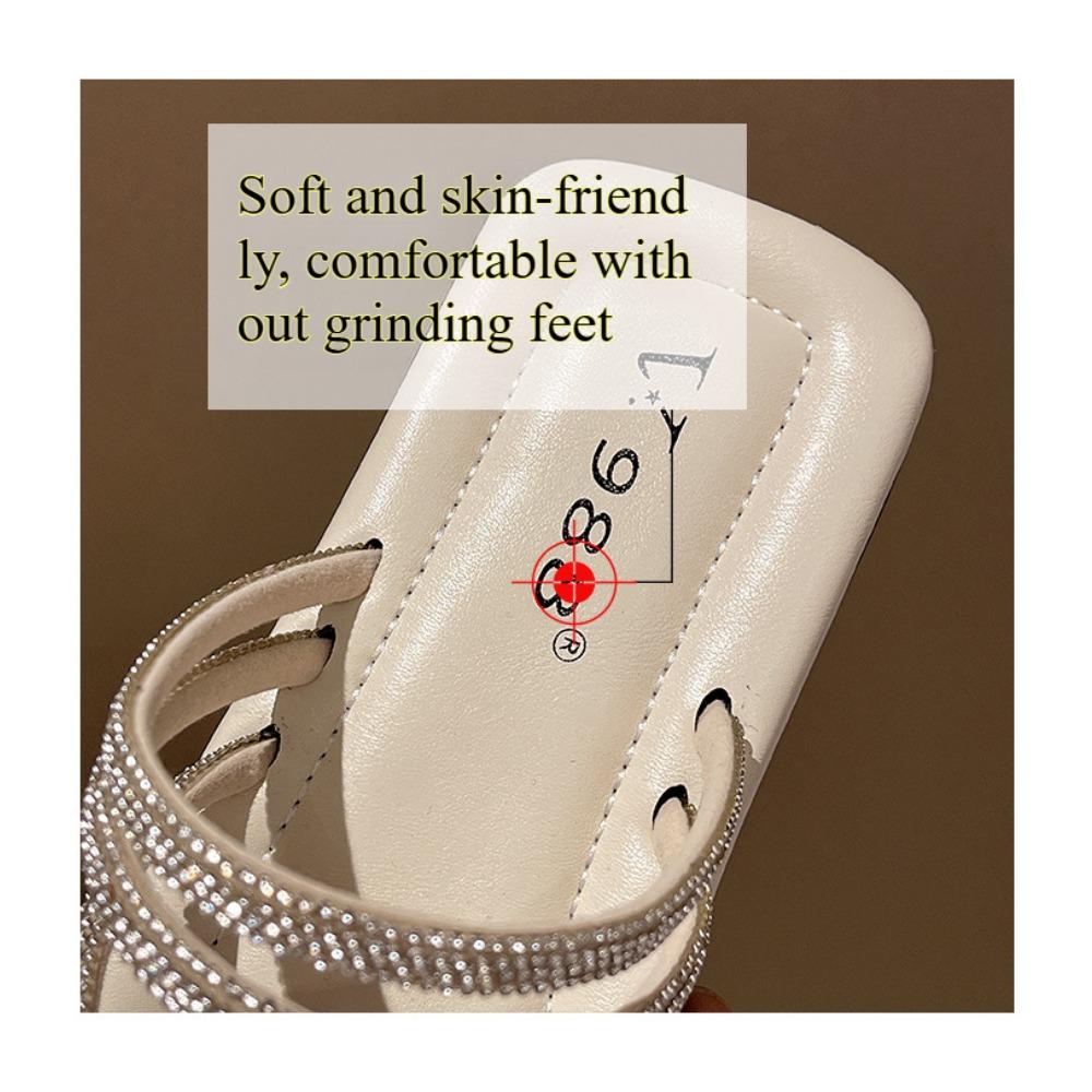 JMXD-Flat Bottom Cool Slippers Female Summer Wear, Rhinestone Fairy Wind Soft Bottom Non-slip Toe Beach One-word Drag