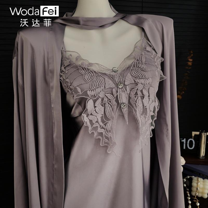 Sexy satin nightdress with chest pad women's spring and summer 1011 new ice silk thin suspender nightgown loungewear set