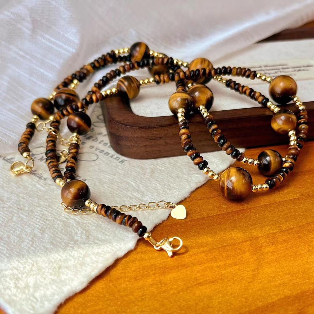 Vintage Natural Tiger'S Eye Stone Round Beads Maillard Niche Personality Design Sense Collarbone Chain High Sense Necklace