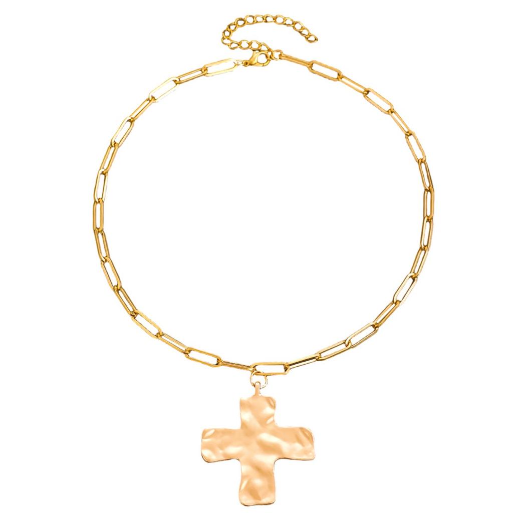 Hammered Cross Pendant Paperclip Chain Necklace Bold Statement Necklace for Women
