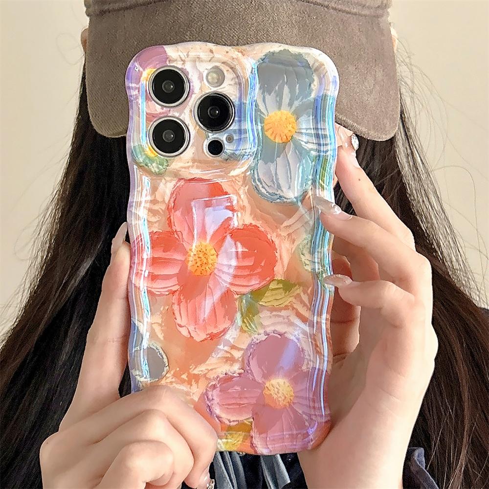 Laser Blue Light Flowers Case For iPhone 15 14 12 13 11 Pro Max Wavy Frame Pattern Camera Protection Shockproof Soft Cover Funda