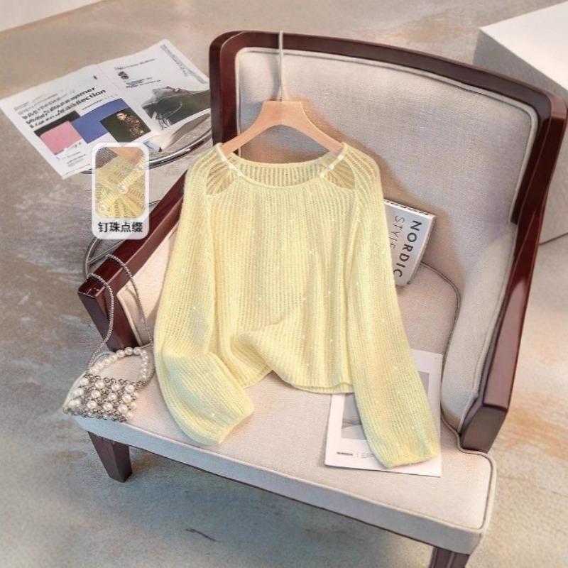 Large Size Crew Neck Knitted Sweater Thin Early Autumn New Women's Clothing Loose Sweet Hollow Top Long Sleeves