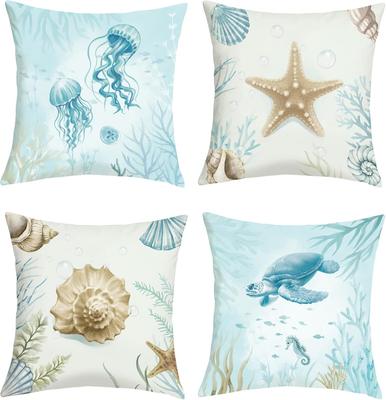 4pcs Ocean Jellyfish Starfish Shell Turtle Printed Pillow Cover Polyester Cushion Case 2D Flat Printing Beach Home Decor Now