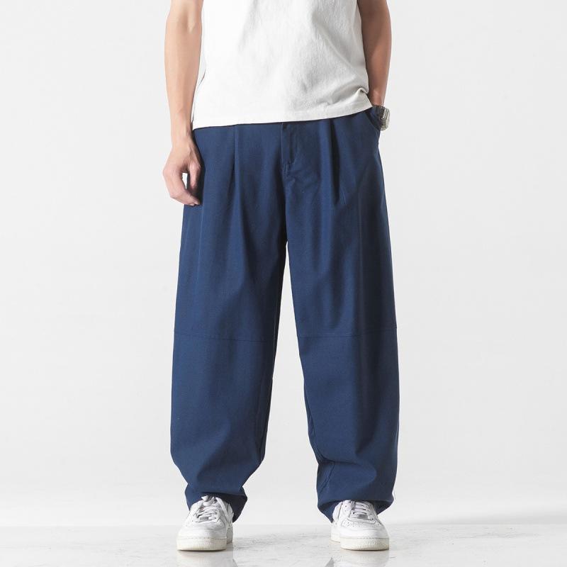 Men's spring and summer new Chinese style cotton and linen straight casual pants solid color Harlan linen wide-leg pants tide