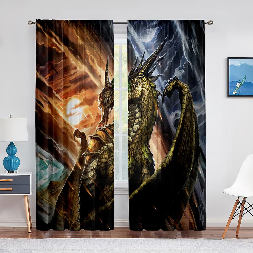 Two Golden Dragon On Red Background Sheer Voile Curtain for Living Room Bedroom Kitchen Transparent Tulle Curtain Window Drape