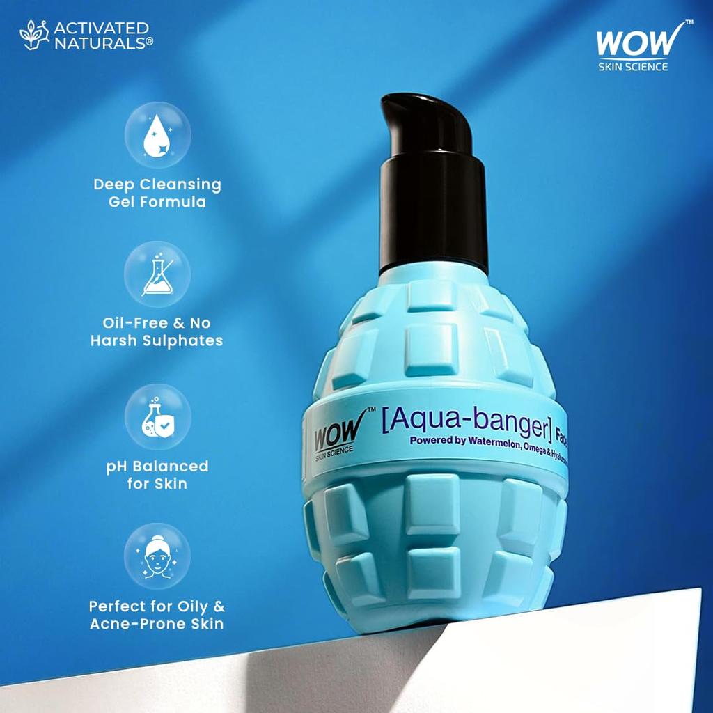 WOW Skin Science Aqua-Bomb Face Wash 150ml | Hydrating Cleanser With Watermelon Hyaluronic Acid & Omega | Gentle Non-Drying For All Skin Types