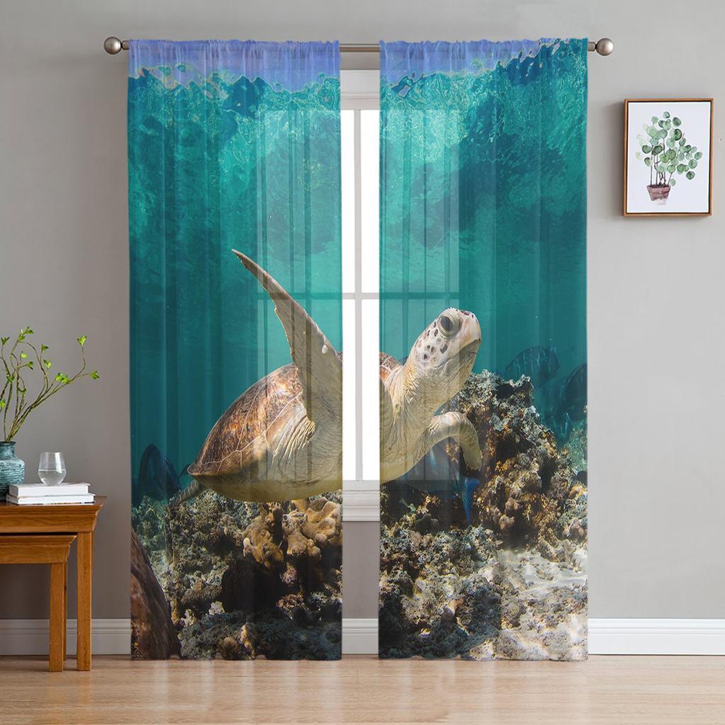 Blue Ocean Green Turtle Tulle Curtains For Living Room Bedroom Decoration Sheer Voile Window Curtains Party Drapes Panels