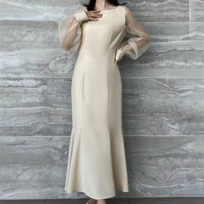 Vestido Casual de Manga Linterna con Parche de Malla de Primavera para Mujer, Moda Elegante, Vestidos de Cola de Pez para Mujer, Verano Sólido Ajustado Cuello Cuadrado Vestido Vintage 26152
