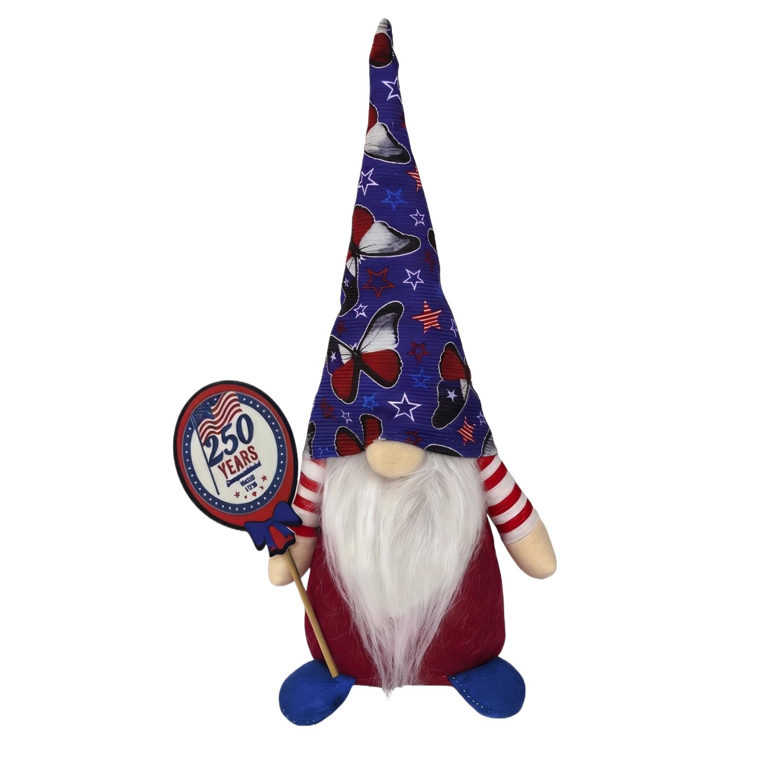 

Decorative Gnome Plush Doll with Butterfly Print Tall Hat and 250 Years Sign for Home Tabletop Display Ornament One Size