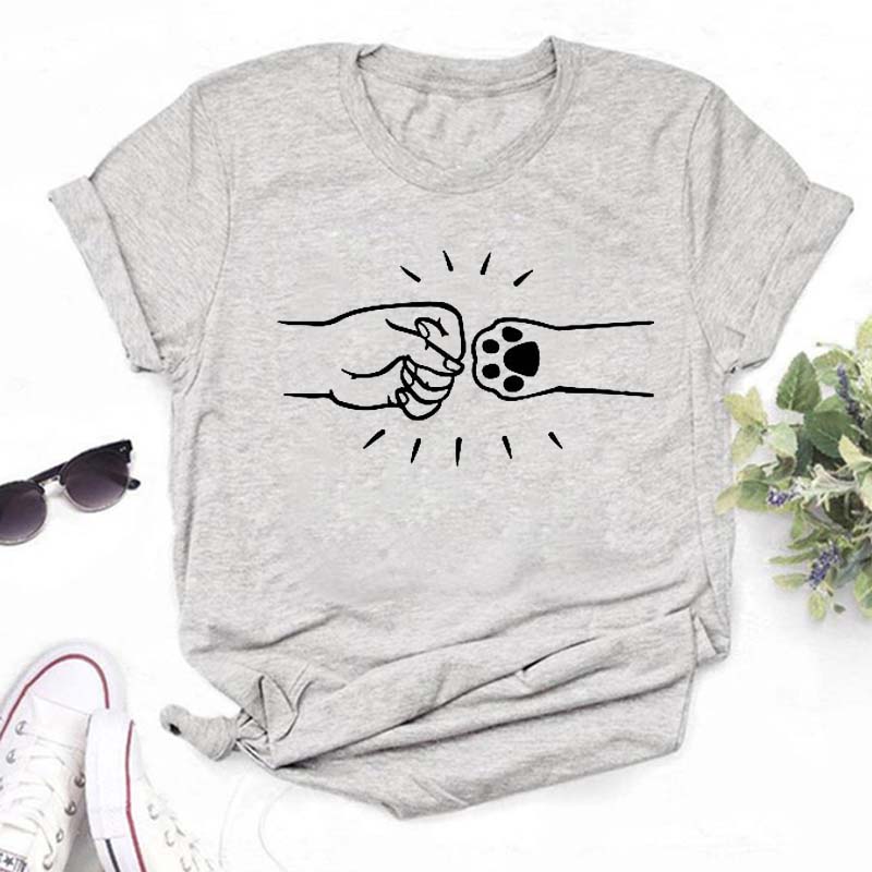 Women Dogs Paws Love Heart Printed T-shirts Fashion Summer Short Sleeve Lady Womens Clothes Tops T-Shirt Black Shirt Tees Female