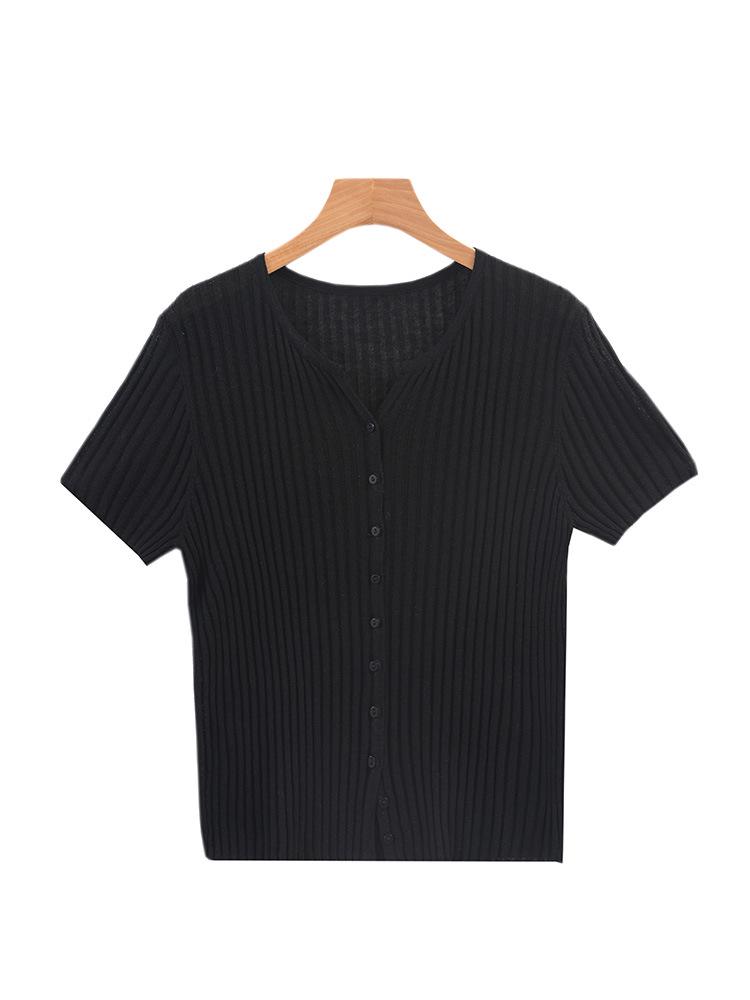 Summer Women's Tencel Lyocell Striped Cardigan Scissor Collar Knit Top