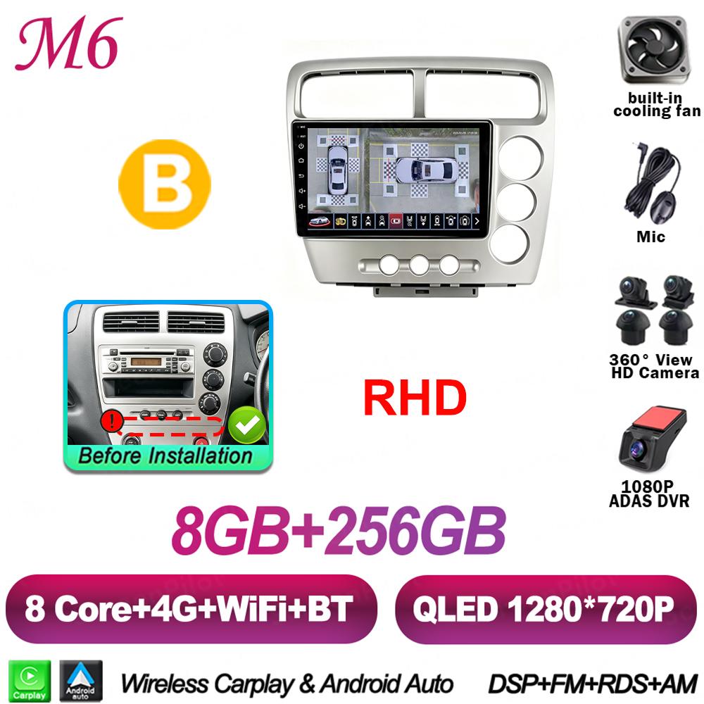 Android 16 For HONDA Civic EP3 2000-2005 Car Radio Stereo Head Unit Multimedia Video Player GPS Navigation 2K QLED 9 Inch 8 Core