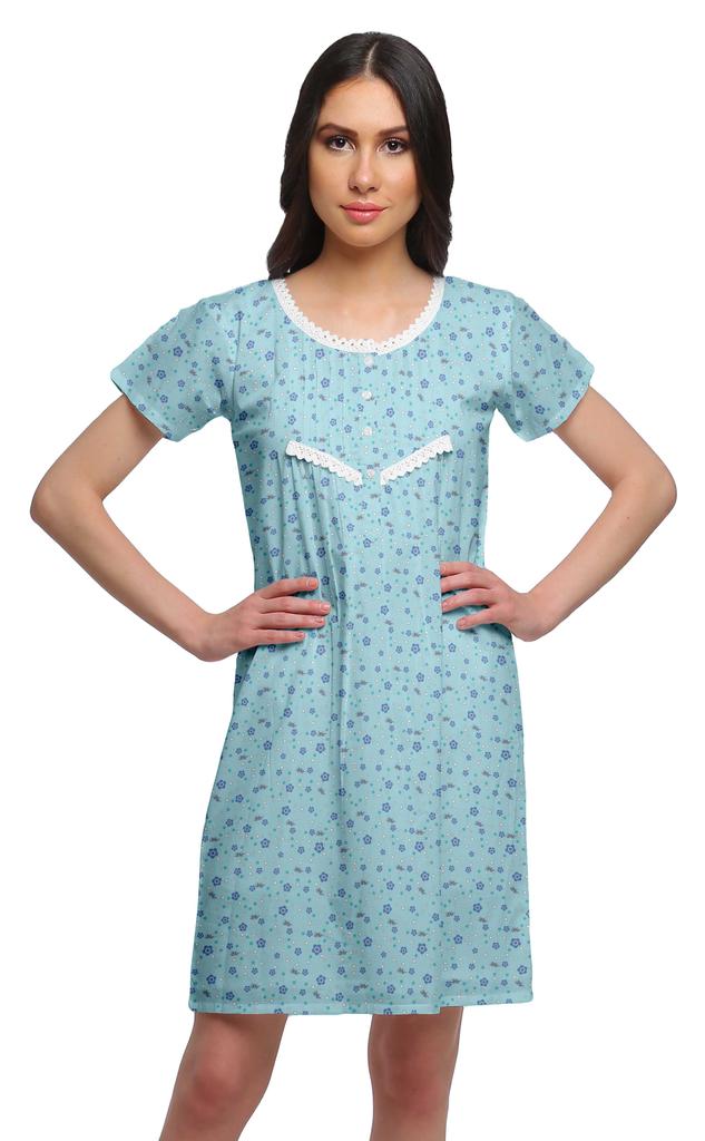 Moomaya Cotton Lace Neckline Sleepwear For Women Button Placket Nightdress