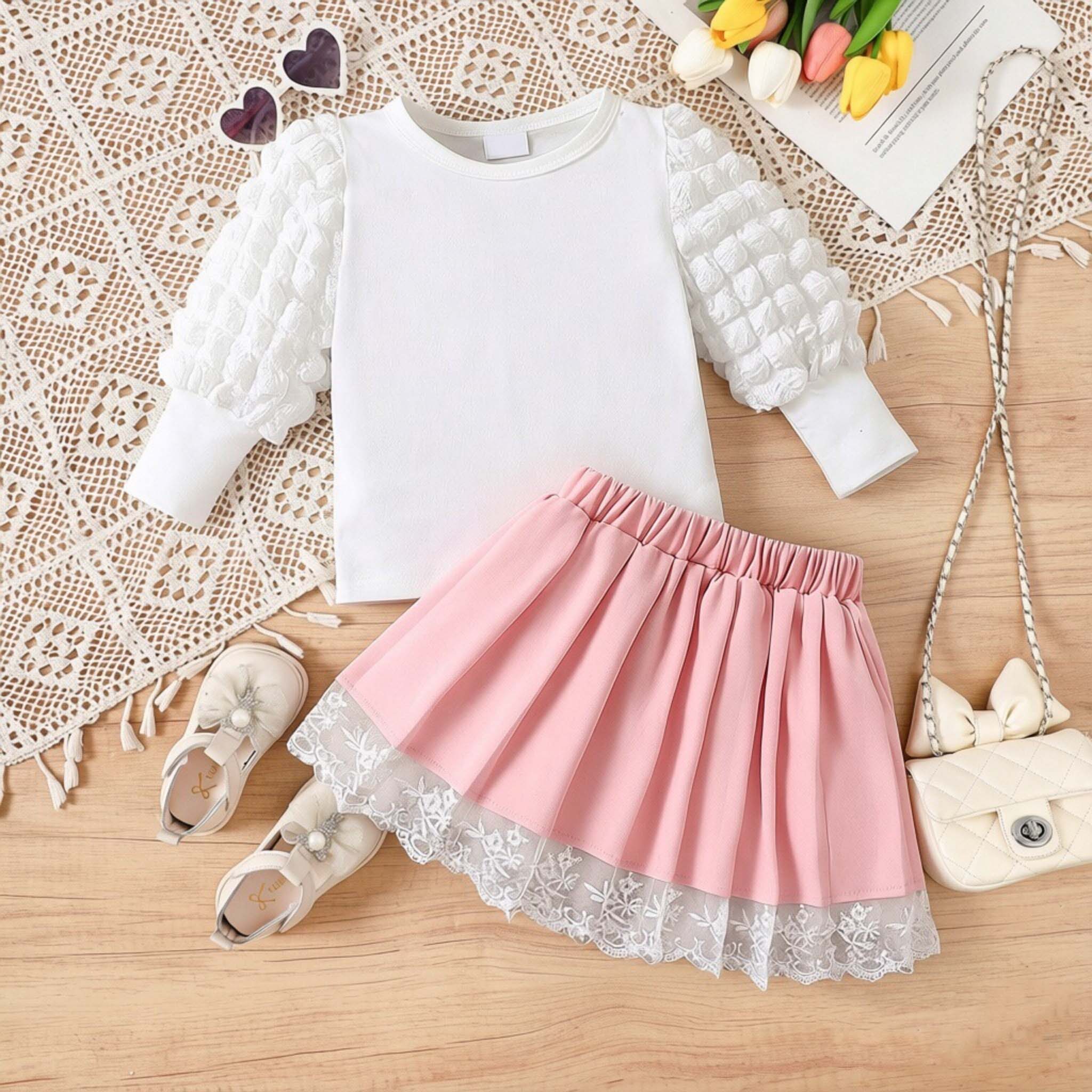Baby Girl Clothing Set 0-2 Years Long Sleeve Top and Pleated Skirt Toddler Girls 2 Piece Outfit Princess Style Daily Wear Baby Clothes Birthday Party 3-6M