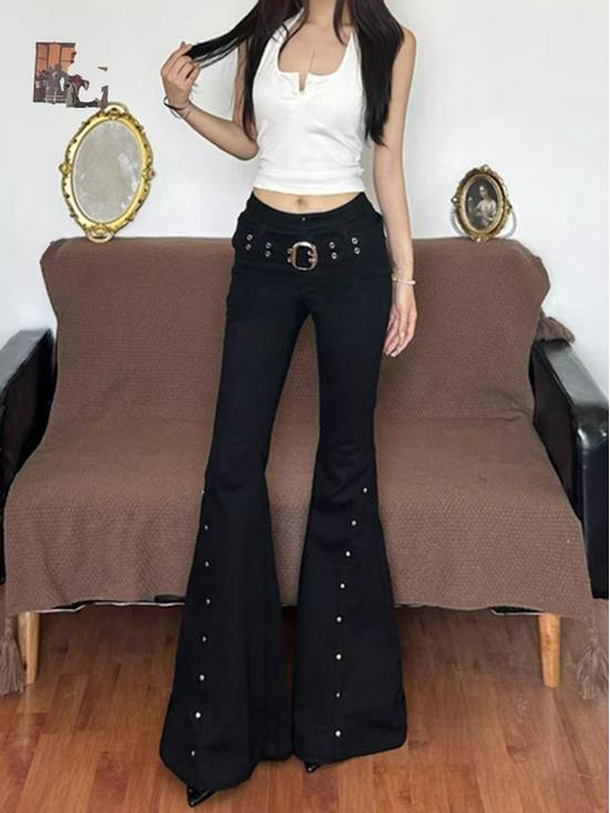 Damen Retro Schlagjeans mit Schnürschlitzen