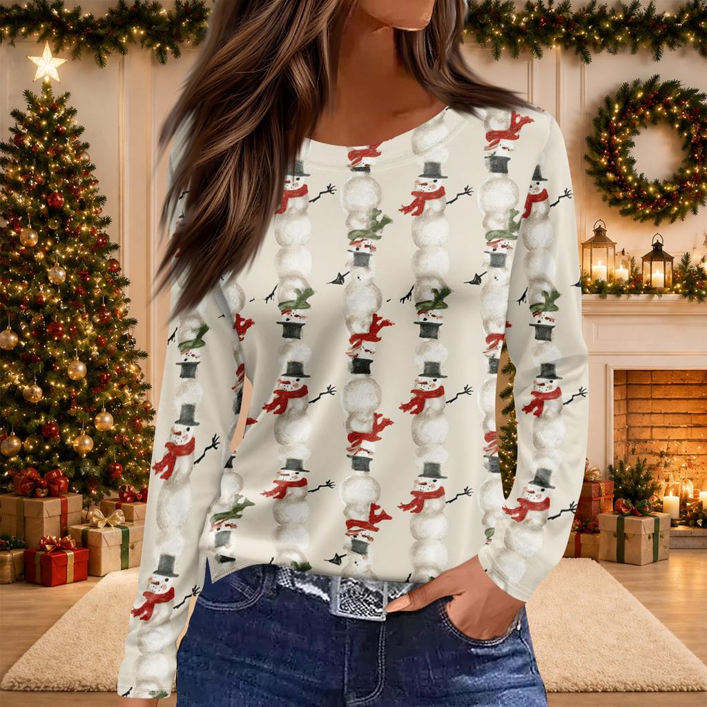Women's Christmas Print Long Sleeve Top with Round Neck and Side Slit Hem Festive Holiday Blouse