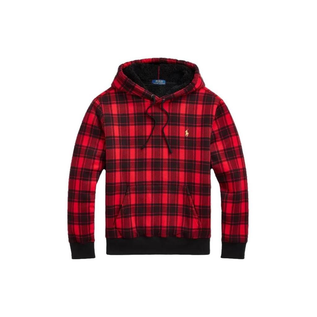 Polo Ralph Lauren Plaid Pile Fleece Hoodie With Logo Embroidery Men Hoodies Red MNPOKNI16823-211