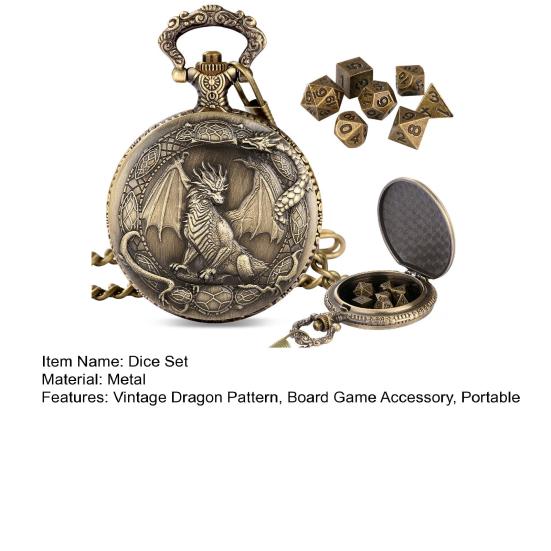 Metal Dice Set with Dragon Pocket Watch Case 7 Dices Portable Vintage Multi-side Game Dice Family Night Party Board Game