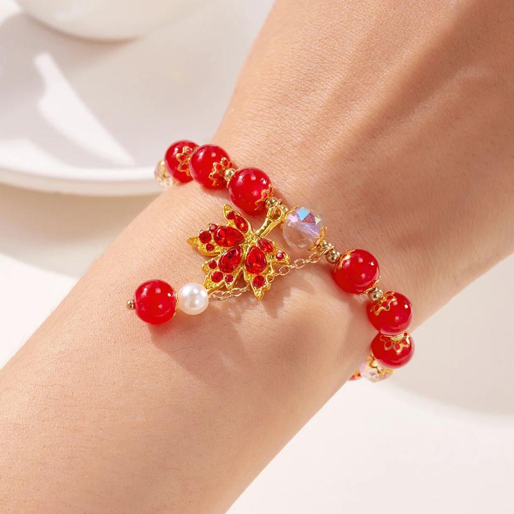 Minimalist Handmade Beaded Tassel Bracelet for Women Exquisite Red Crystal Maple Leaf Pendant Bracelet Friendship Jewelry Gifts