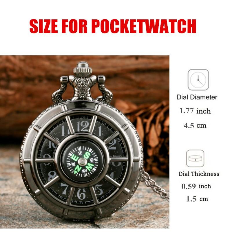 Vintage Black Compass Design Quartz Pocket Watch, With Necklace Pendant, World-Time Feature, Pointer Display Pocket Watch