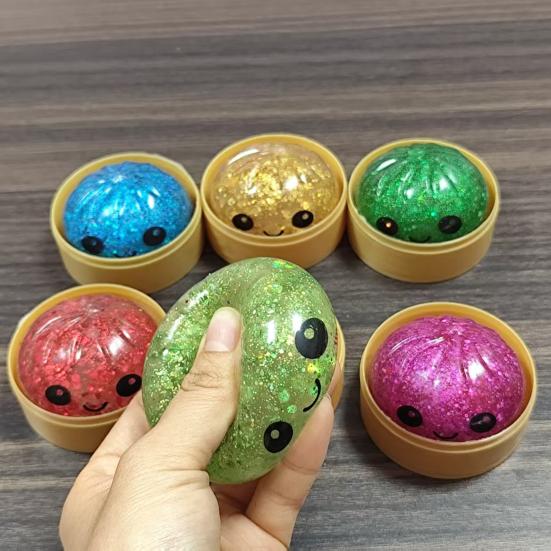 Glitter Dumpling Squeeze Toy Smiling Expression Steamed Bun Fidget Toy Stretchy Decompression Simulation Dough Ball Desk Toy