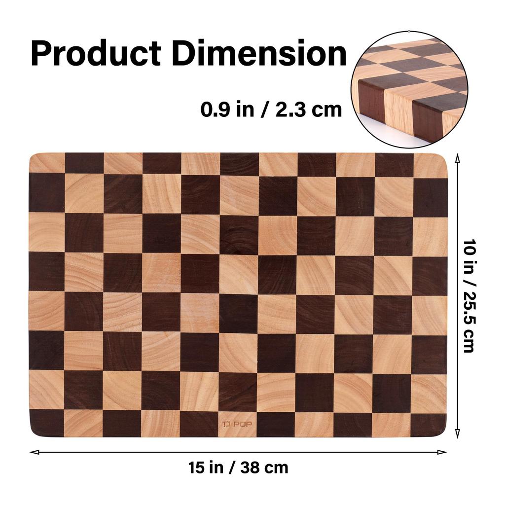 TJ POP Cutting Board Endgrain Rubberwood Combination Natural Wood Marquetry Checkerboard Pattern High Resistant Lacquer Finish Hygienic Vertical Fiber