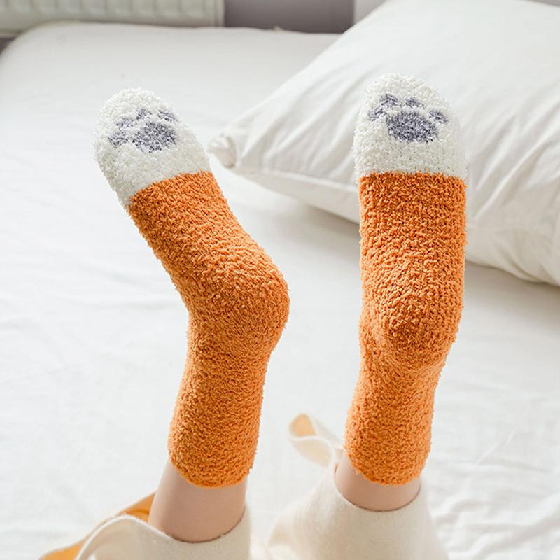 Winter Warm Women Fluffy Socks Cute Animal Claw Cat Paw Footprint Fuzzy Socks Female Thick Coral Fleece Home Floor Sleep Socks