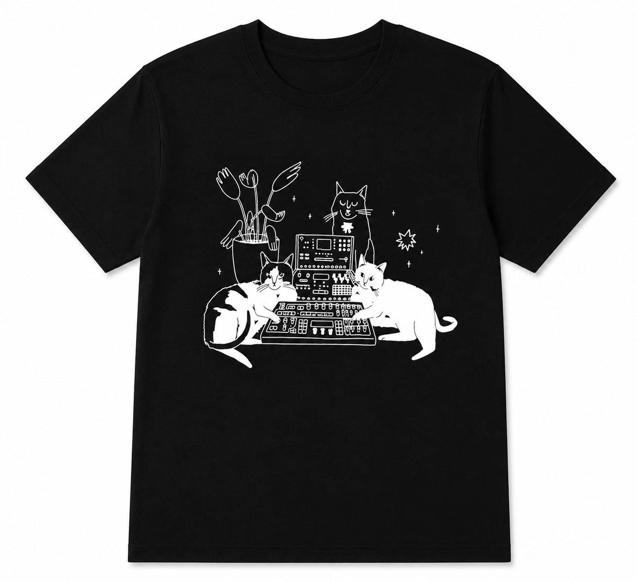 Cats On Synthesizer T-Shirt Funny Cat Music Producer Graphic Tee Electronic DJ 4XL