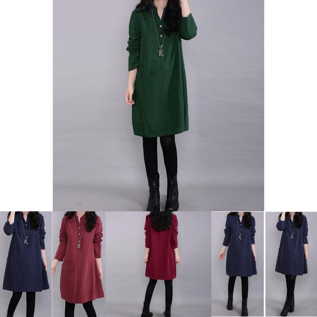 Timeless Vintage Women Long Sleeve Pullover V Neck Tunic Dress For Casual Elegance