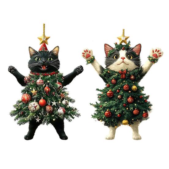 Weihnachtskatze im Weihnachtsbaum Acryl Hängeornament 2D Flach Auto Rückspiegel Anhänger Weihnachtsgeschenke für Katzenliebhaber